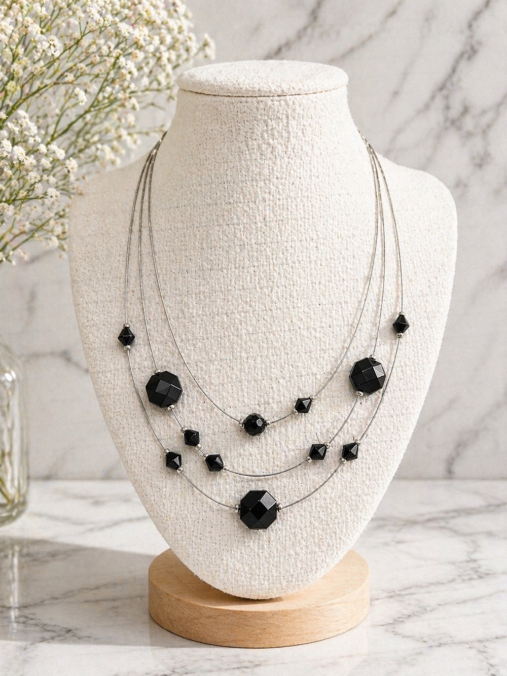 Y2K Black Faceted Beaded Layered Necklace Silver Tone Minimalist